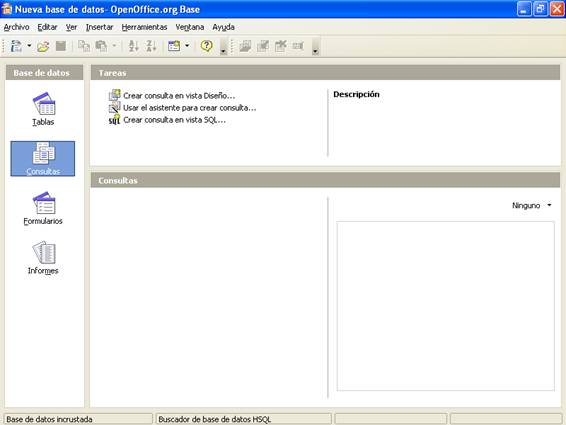 Accesos a los diferentes objetos disponibles en OpenOffice Base