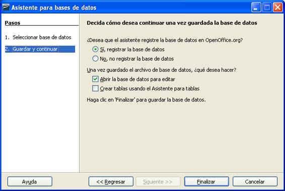 Segundo paso del asistente para Bases de datos