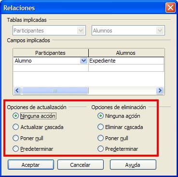 Opciones de actualización y eliminación del cuadro de diálogo Relaciones