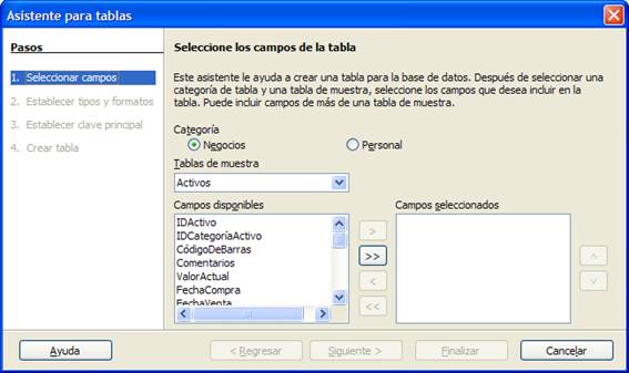 Primer paso del Asistente para la creación de tablas