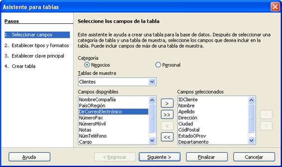 Seleccionar los campos de la tabla en el Asistente