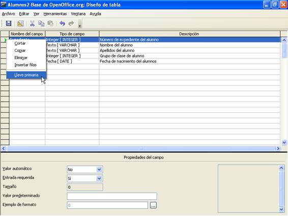 Definir el campo clave de la tabla