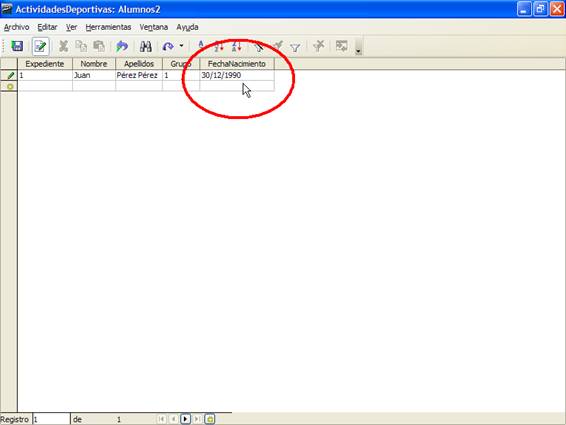 Introducción de fechas en la tabla