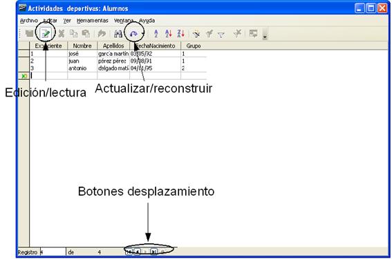 Elementos disponibles para desplazarnos por los diferentes registros de la tabla