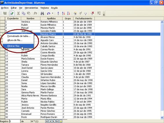 Eliminar una fila de la tabla