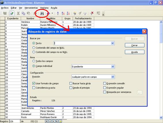Cuadro de diálogo Búsqueda de registro de datos