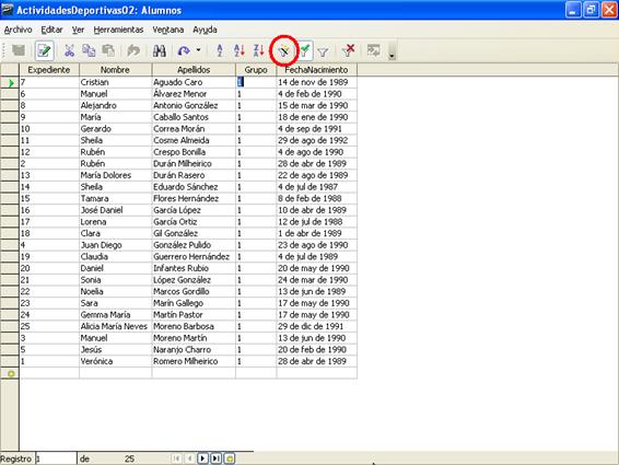 Aspecto de la tabla después de utilizar la opción Autofiltro