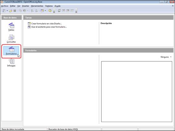 Ventana principal de OpenOffice Base y la opción Formularios