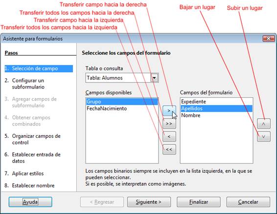 Seleccionar los campos disponibles