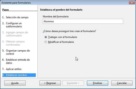 Elegir un nombre para el formulario y terminar el asistente