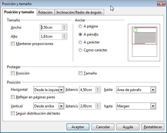 Cuadro de diálogo Posición y tamaño