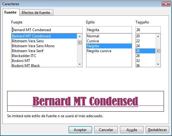 Cuadro de diálogo Caracteres con las opciones disponibles para modificar los atributos de texto