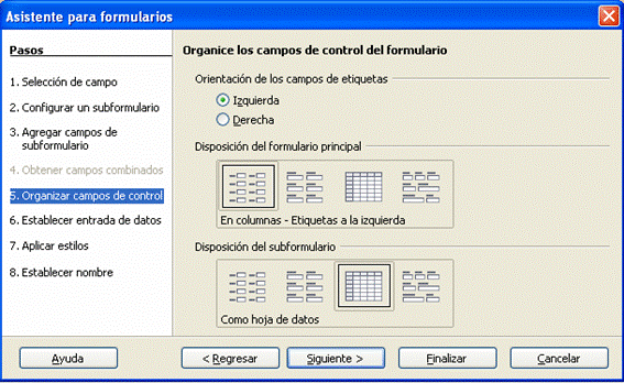 Elegir disposición de formulario principal y subformulario