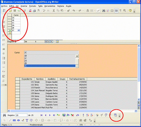 Botón Fuente de datos como tabla y selección de curso