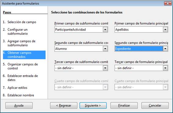 Elegir los campos combinados del subformulario