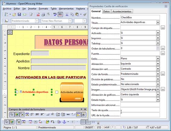 Propiedades de la casilla de verificación