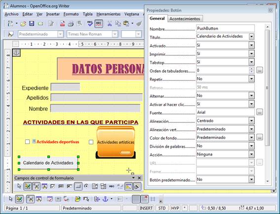 Propiedades de la casilla del botón