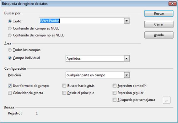 Cuadro de diálogo Búsqueda de registro de datos