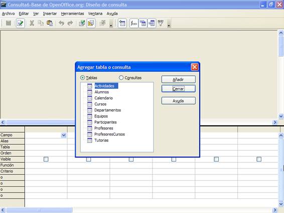 Resultado de hacer clic sobre la opción Crear Consulta en Vista Diseño