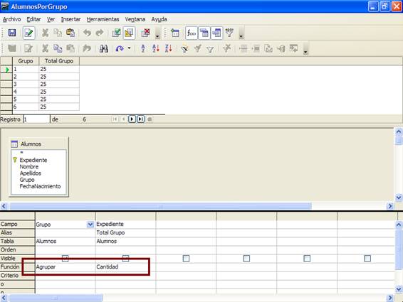 Líneas de agrupación y funciones en la rejilla de diseño de la consulta