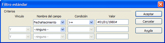 Cuadro de diálogo Filtro estándar