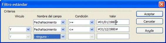 Cuadro de diálogo Filtro estándar con dos criterios
