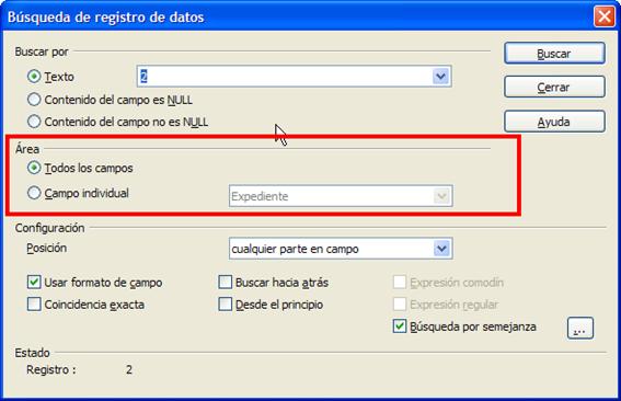 Sección Área de cuadro diálogo de búsqueda