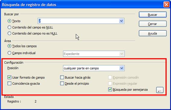 Sección Configuración del cuadro de diálogo de búsqueda