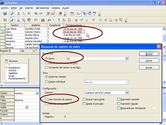 Resultado de una búsqueda sin utilizar la opción Usar formato de campo de cuadro de diálogo de búsqueda