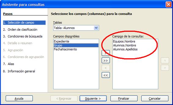 Primer paso del asistente para consultas después de seleccionar campos de dos tablas