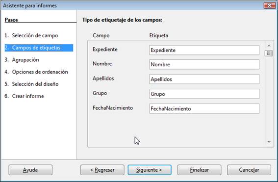 Determinar la etiqueta de cada campo en el informe