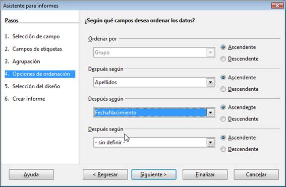 Seleccionar los criterios de ordenación del informe