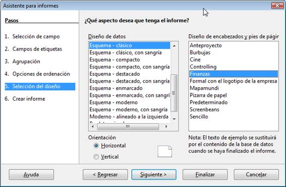 Determinar el aspecto del informe
