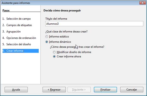 Asignar un nombre al informe en el último paso del asistente
