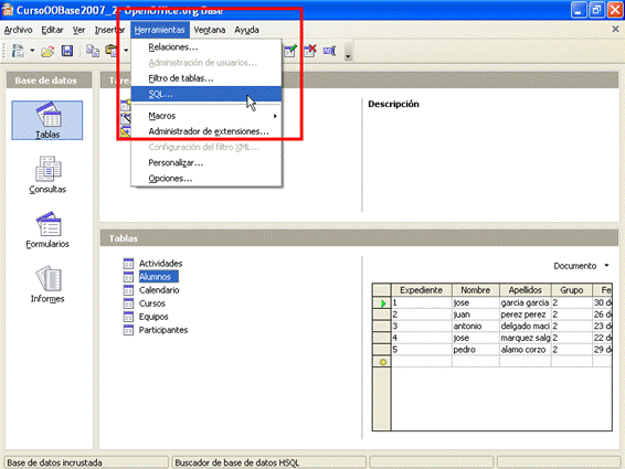 Localización del comando SQL en OpenOffice BASE