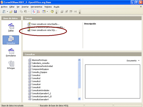 Opción para crear directamente consultas en SQL