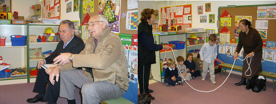 Las actividades que un centro puede ofrecer a las familias para que se impliquen son muy variadas. En la imagen abuelos y abuelas participan en el proyecto de infantil «Me gusta mi pueblo». Fuente: CEIP Virgen de Navalazarza (Madrid).