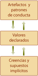 Los tres niveles de la cultura escolar como organización son los patrones de conducta, los valores declarados y las creencias implícitas.