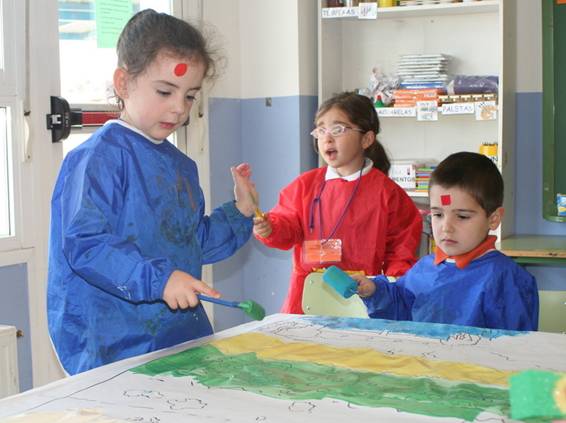 Niños de educación infantil pintando dentro del proyecto “Conociendo a Van Gogh” basado en las pedagogía constructivista. Fuente: CEIP Virgen de Navalazarza (Madrid).