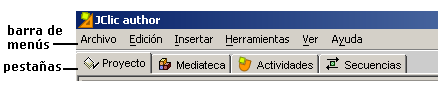 Barra de menús y pestañas de JClic autor