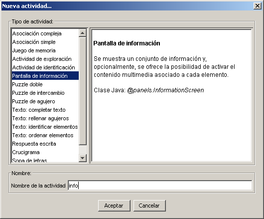 Nueva actividad: Pantalla de información