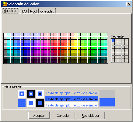 Pantalla de selección del color. Pestaña Muestras