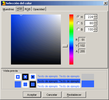 Pantalla de selección del color. Pestaña HSB