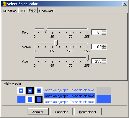 Pantalla de selección del color. Pestaña RGB