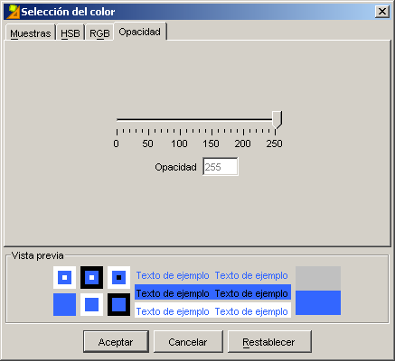 Pantalla de selección del color. Pestaña Opacidad