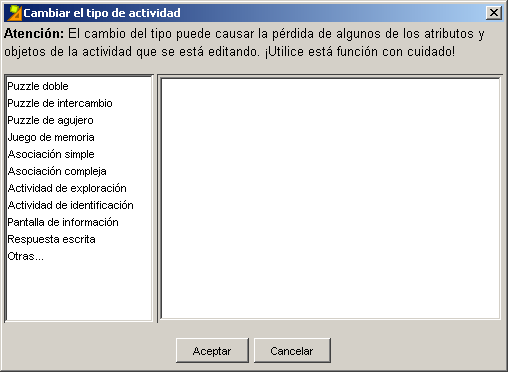 Cuadro de cambiar tipo de actividad
