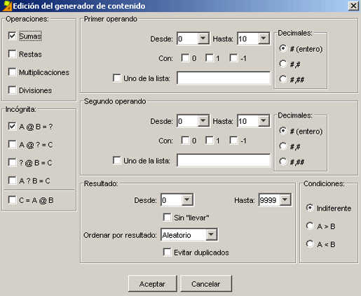 Opciones del cuadro generador de contenidos