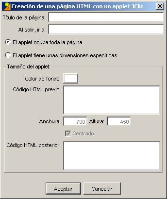 Cuadro de creación de un applet de JClic