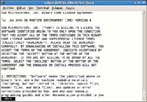 Primera pantalla de la licencia de Java (en inglés)