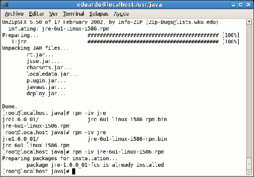 Aceptación de la licencia de Java y copia del paquete rpm